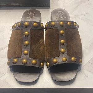 Tory Burch Brown Suede Studded Mules
